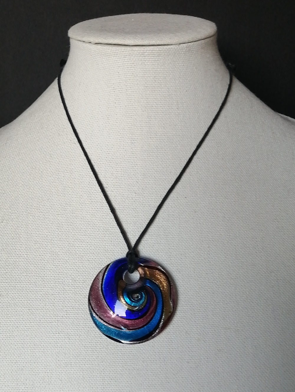 Murano-inspired Striped Spiral Glass Pendant on Black Cord Necklace